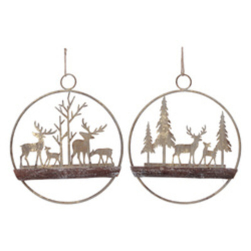 These large metal round hanging decorations come in 2 different designs featuring a festive scene with a family of stags. These Christmas decorations are perfect for hanging on the Christmas Tree. Made by London based designer Gisela Graham who designs really beautiful and unusual Christmas decorations and gifts for your home.Ê Would suit any Christmas tree and would make a lovely Christmas gift.ÊThese are sold indivually. If you have a preference please state when ordering otherwise we will select a design for you. if you purchase 2 rings we will send you one of each design.